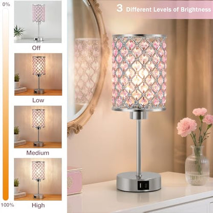 GyroVu Pink Crystal Bedside Table Lamps Set of 2 with USB C+A Ports - color: Pink-2, size: 14.75"