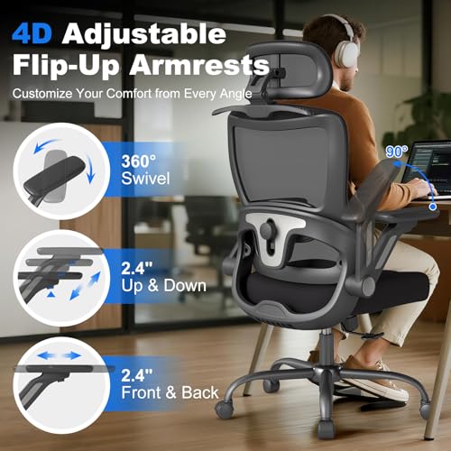 AnyGod Big & Tall Ergonomic Mesh Office Chair Heavy Duty 400LBS Desk Chair | 4D Flip-Up Armrests, 3D Adjustable Headrest, Dual Adjustable Lumbar Support, Rolling Wheels, Gaming & Computer Chair