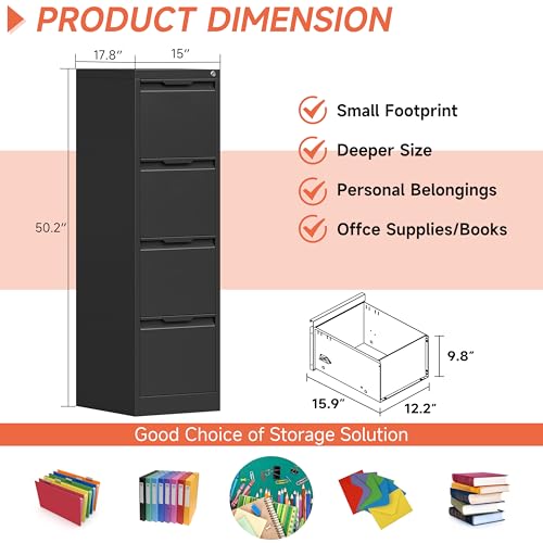 4 Drawer File Cabinet with Lock,17.8" Deep Vertical Metal Filing Cabinet for Home Office,Locking Drawer Tall for Hanging Letter/A4/Legal Folders, Easy Assemble-Black - color: Black, size: 4 Drawer-Vertical-15"W