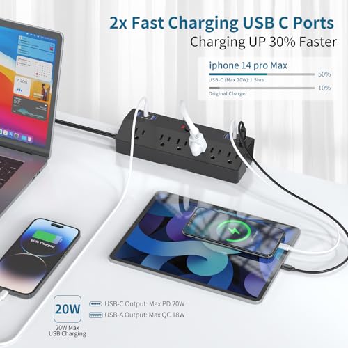 Desk Clamp Power Strip 10FT, 40W Total Fast Charging Station, Black | 6 AC Outlets 6 USB Ports, 2 PD20W USB C Ports, Desk Organizer Gaming Accessories Office Essentials, Fits 1.8" Tabletop Edge - color: Black 1.8", size: 10FT