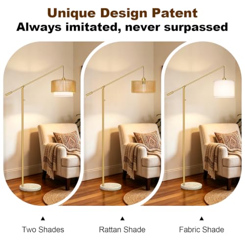 【Upgraded】Boho Dimmable Floor Lamp with Adjustable Swing Arm, 1100 Lumens Bulb Included, Modern Standing Lamp with Rattan & Fabric Shades, Tall Arc Floor Lamp for Living Room Bedroom, Gold, Heavy Base - color: Bohemian-Gold-Heavy Base