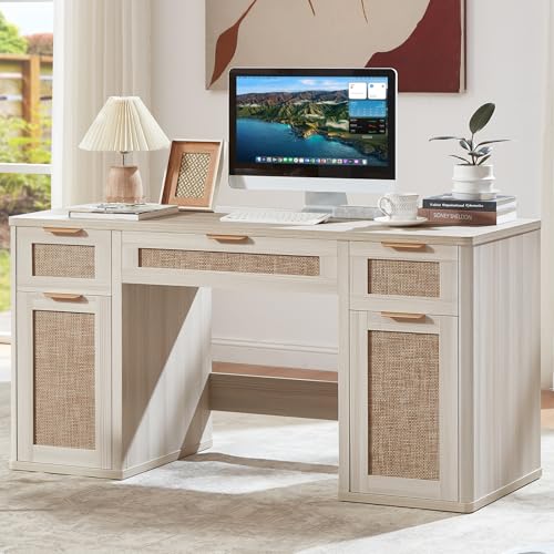 LEYAOYAO Office Desk 56" with 5 Drawers Storage File Cabinet - color: Grey White