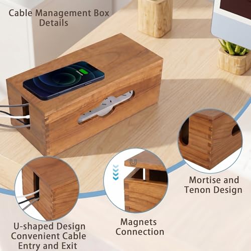 Cable Management Box,Cord Organizer Hide Desk Floor Wires,Home Office,Wood | Natural Wooden Cable Box Cover Power Strip Cord