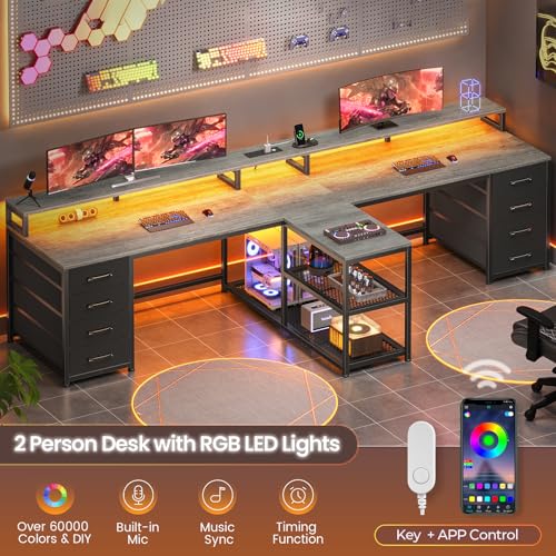 SEDETA 94.5" 2 Person Gaming Desk with 8 Drawers & Storage Shelves, Grey | Double T Shaped Office Desk with LED Lights, Power Strip with USB & Monitor Stand for Home Office, Bedroom - color: Grey