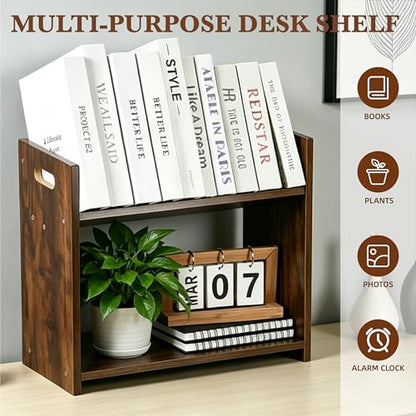 Desktop Bookshelf, 2 Tier Desk Shelf Organizer, Wood Office Tabletop Bookcase, Small Tabletop Book Rack, Portable Mini Bookcase for Book Display, Office, Home, Bedroom, Storage and Display