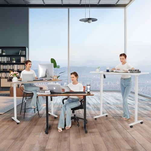 55 x 24 in Electric Standing Desk Adjustable Height, Sit Stand Home Office Rolling Computer Desk with 35 x16 in Mouse Pad, Wheels and Hooks，27''-46'' Lifting Range Stand up Desk(Brown) - color: Brown, size: 55 x 24''
