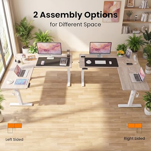 farexon 63x55 Inch L Shaped Standing Desk with Outlets, Electric Adjustable Height Stand Up Desk, Corner sit Stand Desk with Mouse Pad, Hook, Home Office Writing Gaming Computer Workstation, Oak Grey