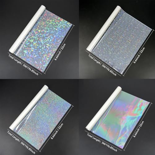 Briartw Holographic Precoated Laminating Film Roll, 4 Iridescent Patterns (Glitter, Stars, Dots & Plain),22x500cm (8.66x196.85 In), BOPP Thermal Film, Clear Waterproof Scratch-Resistant for DIY Crafts - color: 4-piece Set