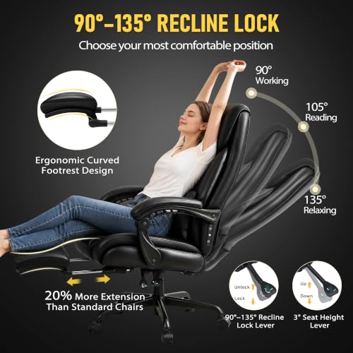 3D Kneading Massage Office Chair with Heat, 500 lbs Big and Tall Executive Computer Desk Recliner, Leather Electric Heated Chair with Footrest, Black - color: Black