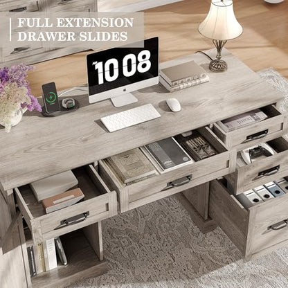 Alohappy 55'' Farmhouse Executive Desk, Home Office Desk with Drawers, Wood Computert Desk with File Cabinet and Power Outlets, Light Wash Gray - color: Light Wash Gray, size: 55''