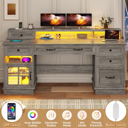 BTHFST 59.1" Executive Desk with File Drawer, Charging Station, Grey - color: Grey