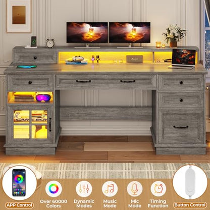 BTHFST 59.1" Executive Desk with File Drawer, Charging Station, Grey - color: Grey