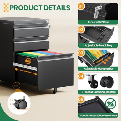 3-Drawer File Cabinet with Lock, Mobile Filing Cabinet, Fully Assembled - color: Black, size: 14.6"W x 24.4"H x 17.3"D - F