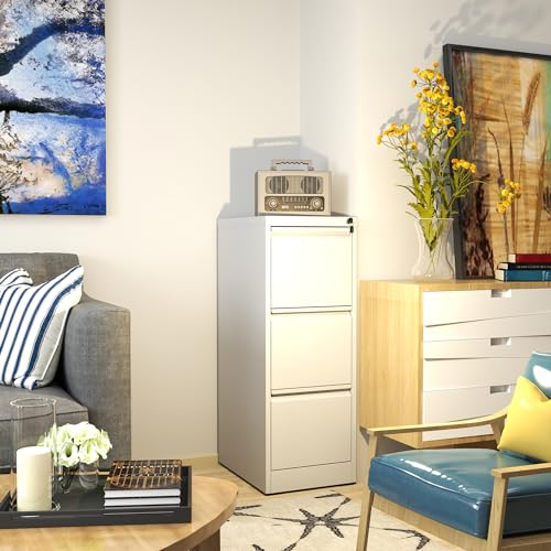3 Drawer File Cabinet with Lock, 18" D Metal Vertical Filing Cabinets, Steel File Storage Cabinets for Home Office, Hanging A4 Legal/Letter Size Narrow File Cabinet, Assembly Required - color: White, size: 3 Drawers