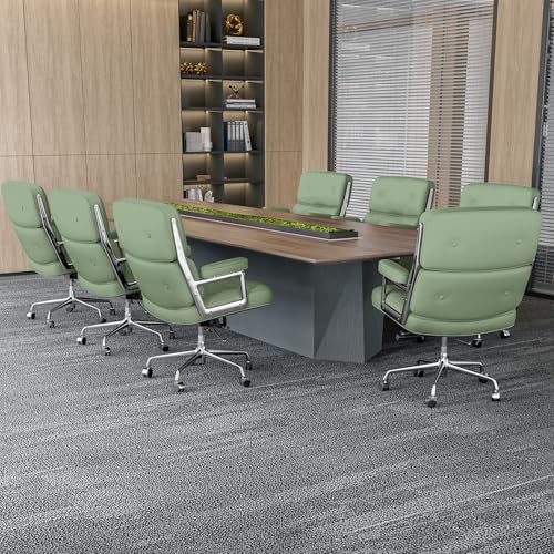 Genuine Leather Office Chair, Mid Back Executive Desk Chairs with Aluminum Arms and Wheels, Swivel Office Leather Chair with Thickened Backrest and Ergonomic Lumbar Support, Light Green - color: Light Green