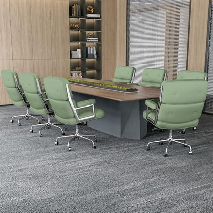 Genuine Leather Office Chair, Mid Back Executive Desk Chairs with Aluminum Arms and Wheels, Swivel Office Leather Chair with Thickened Backrest and Ergonomic Lumbar Support, Light Green - color: Light Green