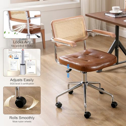 Zesthouse Leather Office Desk Chair with Wheels, Mid Century Rolling Desk Chair with Wood Arm & Natural Rattan Back, Modern Swivel Home Office Chair, Small Height Adjustable Computer Task Chair, Brown - color: Brown, size: Armrest