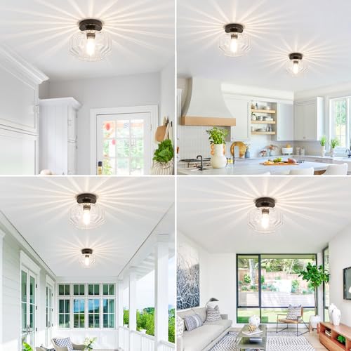 Tbaoinal Semi Flush Mount Ceiling Light with Diamond Glass Shade, 36-Faceted Panels Create Starburst Effect, 1200LM LED Bulb Included Matte Black Ideal for Hallway Entryway Kitchen Bathroom Bedroom - color: Matte Black