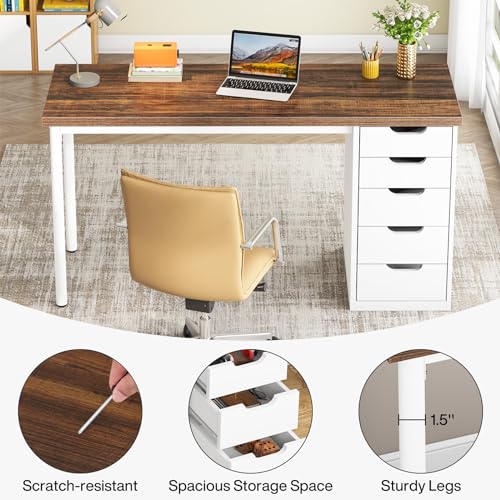 Tribesigns Computer Desk with 5 Drawers, 47 inches Rustic Brown Home Office Desk with Storage, Modern Simple Laptop Desk Study Writing Table for Small Spaces (Brown+White) - color: Brown+white