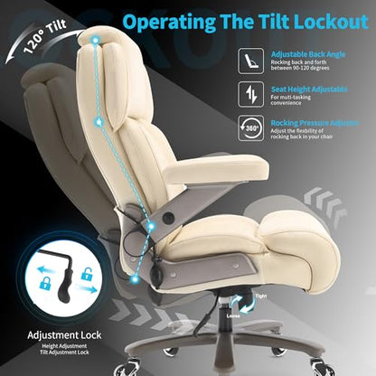Big and Tall Office Chair 700lbs, Ergonomic High Back Computer Desk Chair | Adjustable Headrest&Lumbar Support, 3D Flip Arms, Large Wheels, Heavy Duty Metal Base, Thick Padded Wide Seat Executive Chair - color: Beige