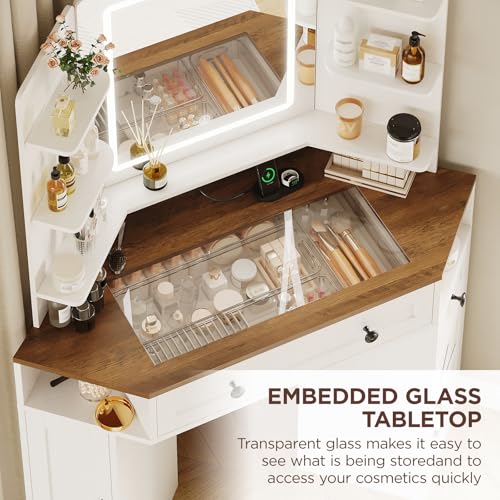 Vabches Corner Vanity with Mirror & Lights, Glass Top Makeup Vanity Desk