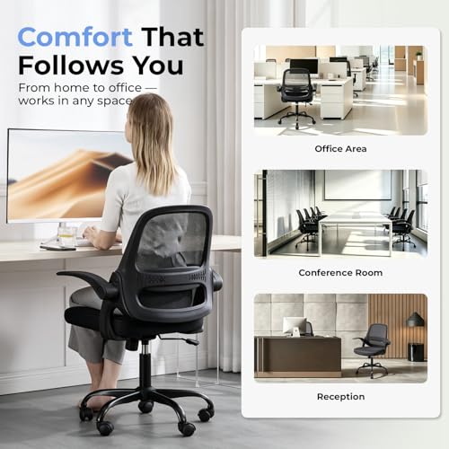amseatec Mesh Office Chair, Ergonomic Home Office Chair with Flip-Up Arms - color: Black, size: Oversized