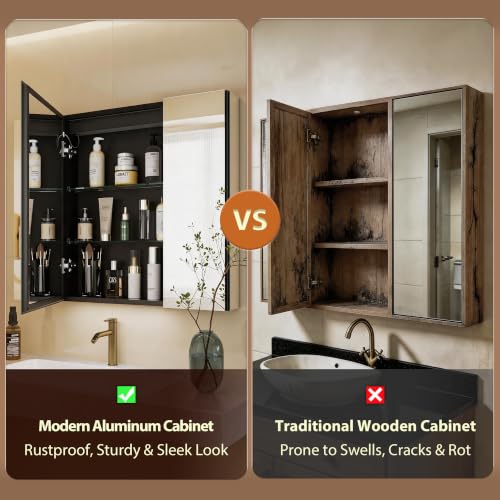 40*28 inch Three-door Aluminum LED Lighted Bathroom Medicine Mirror Cabinet | Light Adjustable, Sockets & USBs inside, Anti-Fog, Easy to Install - color: 40*28 Three-door