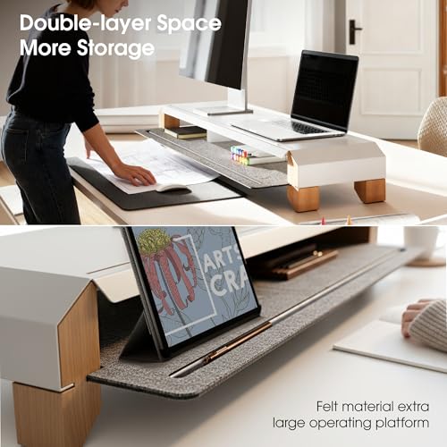 Fenge Monitor Stand with Solid Beech Wood Legs & Sliding Phone Holder
