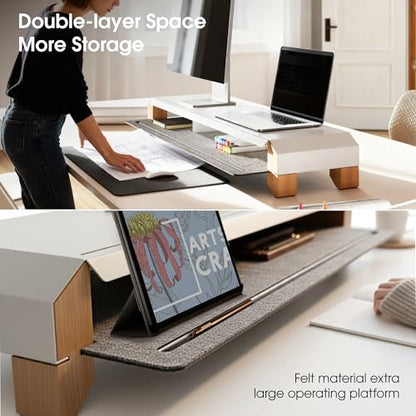 Fenge Monitor Stand with Solid Beech Wood Legs & Sliding Phone Holder