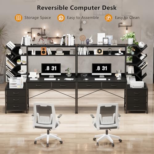 YOMILUVE 52" Computer Desk with Bookshelf, 5 Drawers ＆ Hutch for Bedroom | Black Office Desk with Printer Shelf, Study Writing Desk with Storage Shelves - color: Black