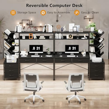 YOMILUVE 52" Computer Desk with Bookshelf, 5 Drawers ＆ Hutch for Bedroom | Black Office Desk with Printer Shelf, Study Writing Desk with Storage Shelves - color: Black