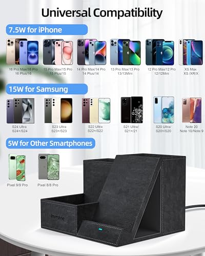 Wireless Charger with Desk Organizer, 3 Compartments and 1 Phone Stand - color: PU Black