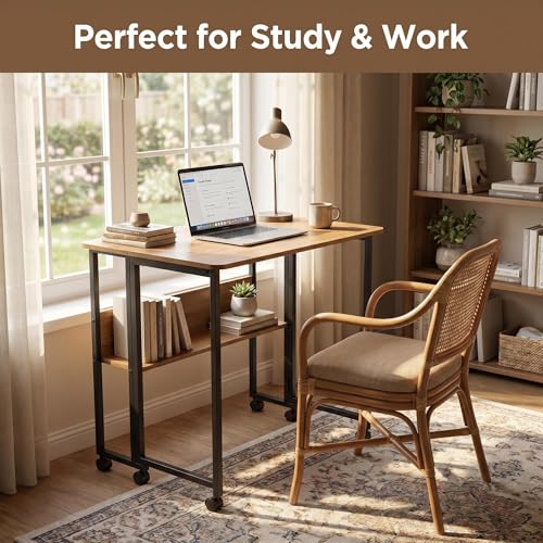 Mobile Foldable Computer Desk with Lockable Wheels & Fixed Foot Pads,Space Saving Folding Writing Gaming Table with Storage Shelf,Laptop Desk for Bedroom Small Apartment Office - color: Walnut Folding Table