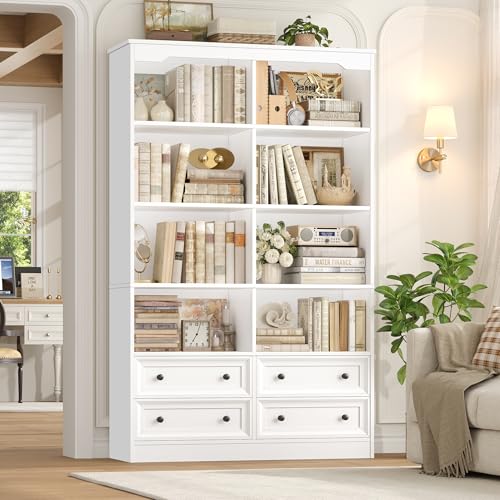 71" Tall Bookshelf with 4 Drawers White Bookshelf Office Bookcase | 6-Tier Double Wide Bookshelves and Bookcases with Storage, White Bookshelf Standing Book Cabinet for Home Office, White - color: White