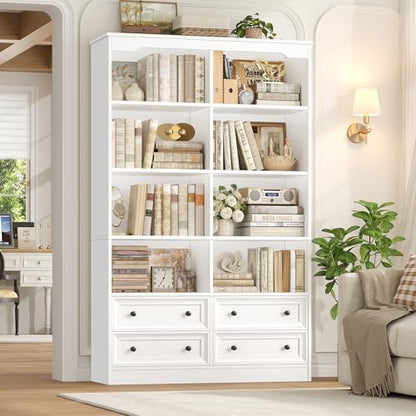 71" Tall Bookshelf with 4 Drawers White Bookshelf Office Bookcase | 6-Tier Double Wide Bookshelves and Bookcases with Storage, White Bookshelf Standing Book Cabinet for Home Office, White - color: White