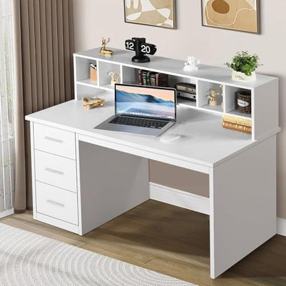 MaverickFurni White Desk with Drawers, 46" Home Office Desk with Hutch and Storage, Small Desk with 3 Drawers for Bedroom, White - color: White