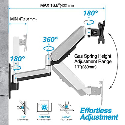 AVLT Single Extended Monitor Wall Mount for 13-32" Screens - Silver | Supports flat/curved/ultrawide screens up to 19.8 lbs. Smooth gas spring control, VESA 75x75/100x100 and clean cable routing - color: Single Extended