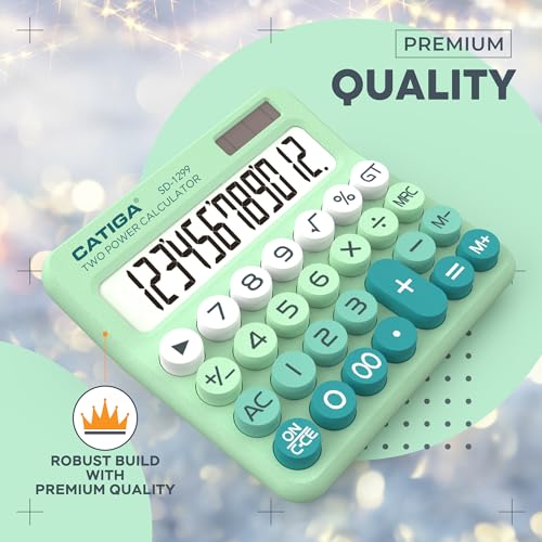 CATIGA Mechanical Switch Calculator with Solar and Battery Dual Power, 12-Digit Large LCD Display, Aesthetic and Cute Desktop Calculator with Big Button, for Home, School and Office Use, SD-1299 - color: Z) Mint Green