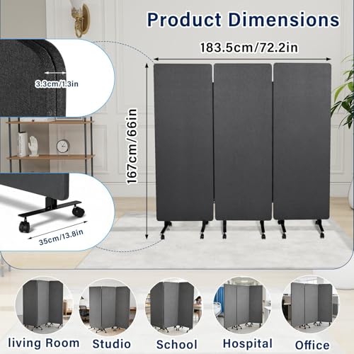 3-Panel Portable Office Partition,Mobile Acoustic Wall Divider with Wheels - color: Dark Gray, size: 3 Panel-72"Wide
