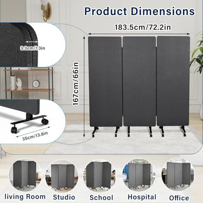 3-Panel Portable Office Partition,Mobile Acoustic Wall Divider with Wheels - color: Dark Gray, size: 3 Panel-72"Wide
