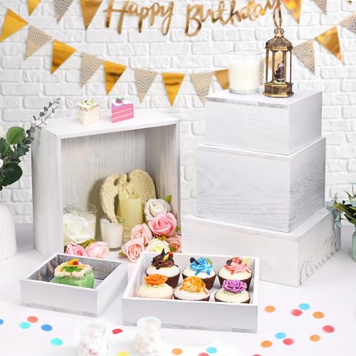 6 Pack Wooden Risers Display Stands Square Food Risers for Buffet Party Rustic Wood Cake & Cupcake Stands Nesting Box Wooden Crates for Display - color: White