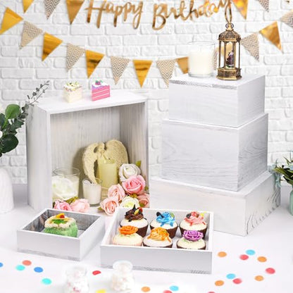 6 Pack Wooden Risers Display Stands Square Food Risers for Buffet Party Rustic Wood Cake & Cupcake Stands Nesting Box Wooden Crates for Display - color: White