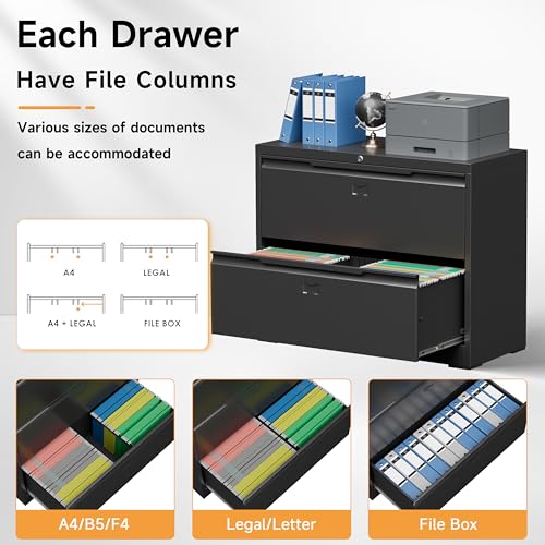 Bestoo 2 Drawer File Cabinet, Metal Lateral Filing Cabinet with Lock - color: Black, size: 2 Drawer 15.7" D x 35.4" W x 28" H