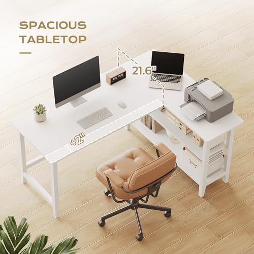 IOTXY 53" Reversible L-Shaped Office Desk with Storage Shelves, White - color: White, size: 53-inch