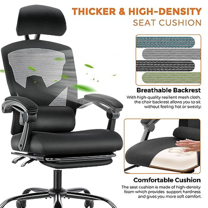 Sweetcrispy Ergonomic Office Chair, Computer Desk Chair with Lumbar Support | High-Back Mesh, 360° Rolling Work, Swivel with Wheels, Comfy Arms, Home Bedroom Study, Black - color: Black
