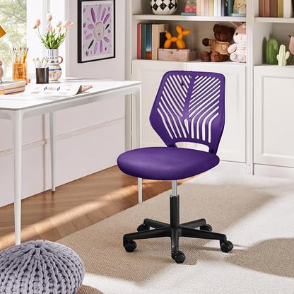 Yaheetech Student Desk Chair, Low-Back Armless Study Chair with Lumbar Support, Adjustable Swivel Office Chair for Home Bedroom School, Purple - color: Purple