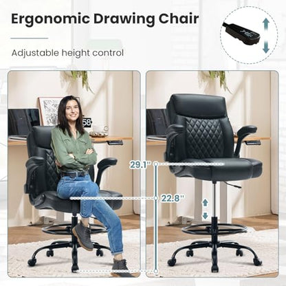 MAHOMICO Drafting Chair for Standing Desk – Tall Office Chair with Adjustable Height & Foot Ring, Flip-Up Arms, Lumbar Support – Comfortable Leather Seat, Ideal Home Desk Chair - color: Leatherblack