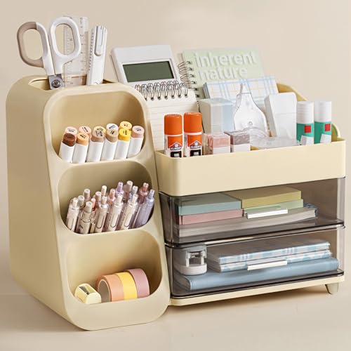 HBlife Desk Organizer with Pen Pencil Holder for Desk, Pen Organizer with 2 Drawers, Desk Organizers and Accessories with 4 Compartments, Desktop Storage for Office Home School Art Supplies, Beige - color: Beige