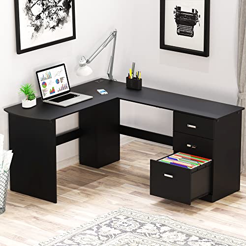 SHW L-Shaped Home Office Wood Corner Desk w/Box Box File Drawers, Black - color: Black