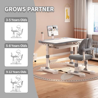 Kids Adjustable Desk and Chair Set 3-12, Children School Study Desk-11GREY | Height Adjustable | 50° Tilt Desktop | Book Stand & Metal Hook & Storage Drawer | Writing Drawing Table for Boys and Girls - color: 110-grey-27.5in